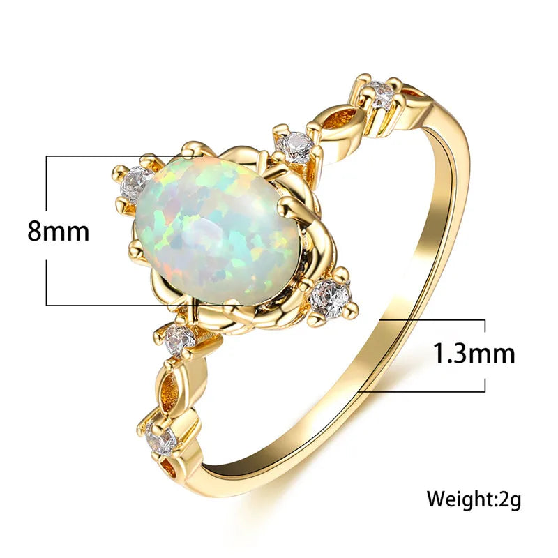 Charm Gold Silver White Opal Oval Stone Crystal Rings