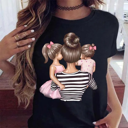 Cartoon Mom Mother Boy Girl Print Mother Lady T-shirts