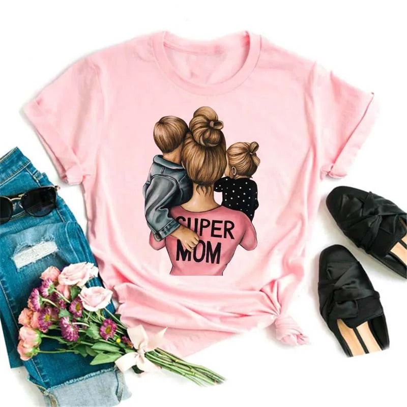 Cartoon Mom Mother Boy Girl Print Mother Lady T-shirts