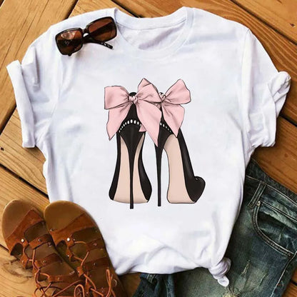 Maycaur Pink High Heels Flowers Bag Print T Shirt