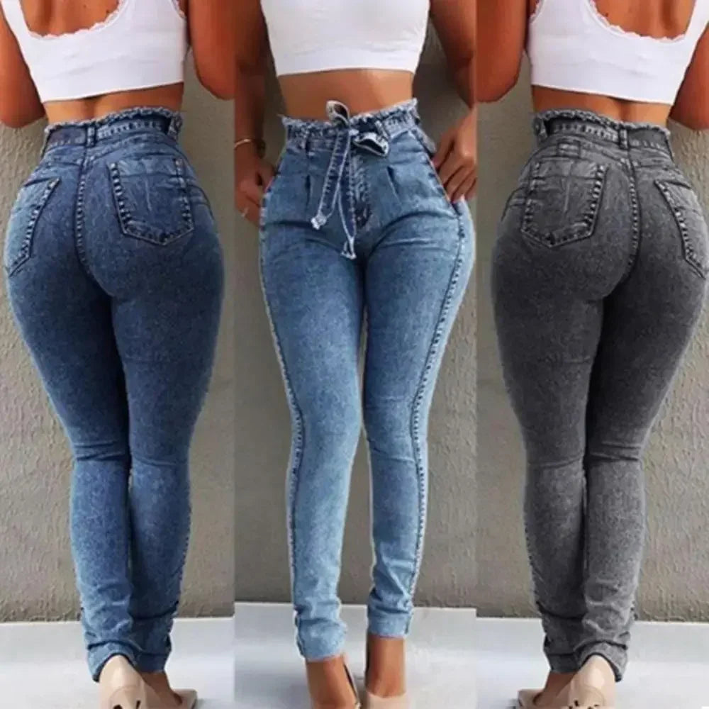 Belted High Waist Skinny Jeans Pants
