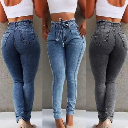 Belted High Waist Skinny Jeans Pants