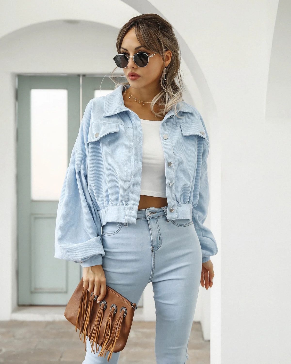 Cropped Corduroy Overcoat Single Breasted Lantern Sleeve Coats Jacket