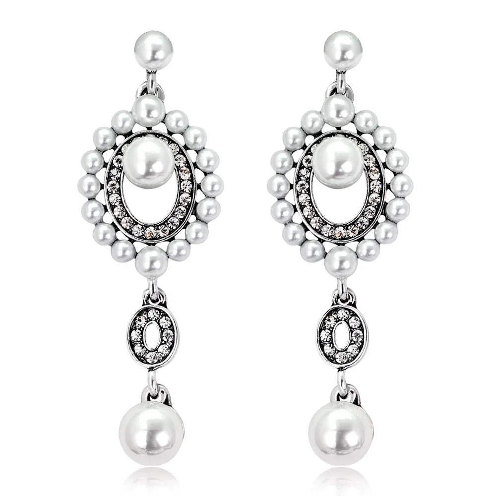 Gold Bridal Drop Simulated Pearl Crystal Statement Earrings