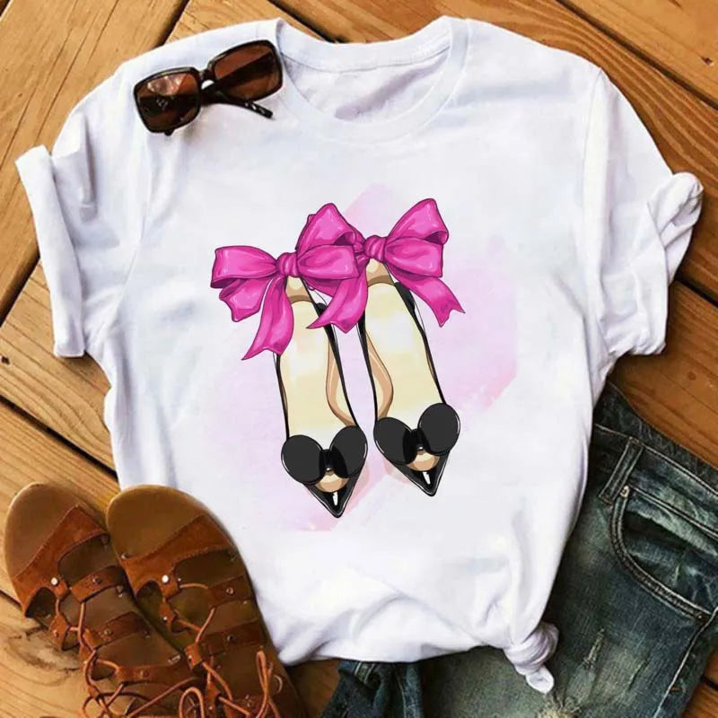 Maycaur Pink High Heels Flowers Bag Print T Shirt