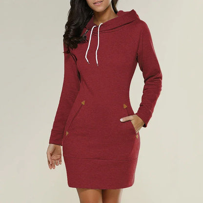 Knee-Length Pockets Warm Sweat Shirt Long Sleeve Dress