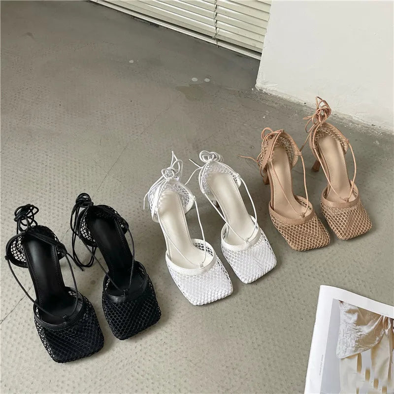 Mesh Square Toe Stiletto High Heels Pumps Ankle Lace-Up Elegant Shoes