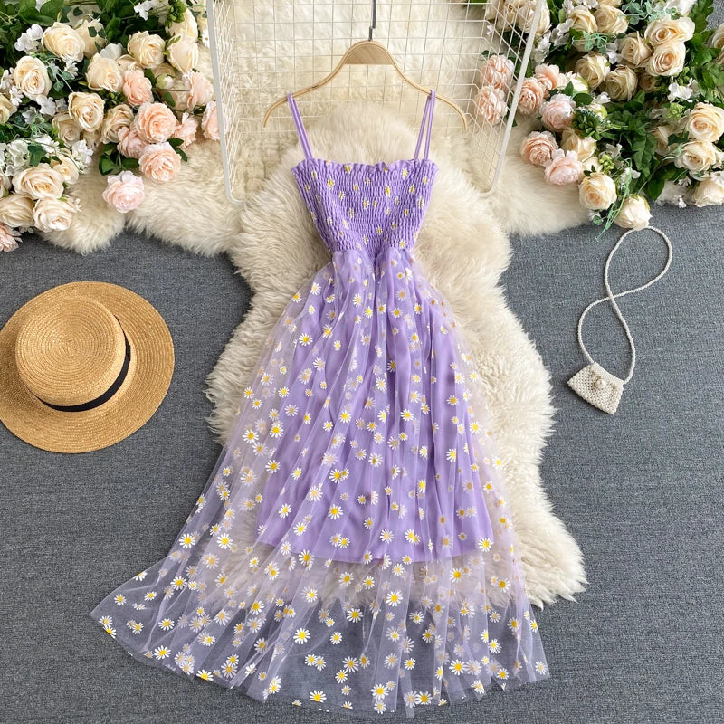 Korean Daisy Flower Print Mesh Dress