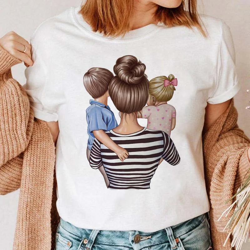 Cartoon Mom Mother Boy Girl Print Mother Lady T-shirts