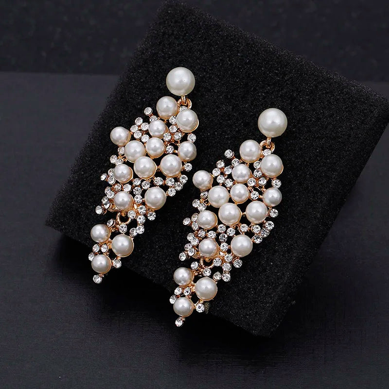 Gold Bridal Drop Simulated Pearl Crystal Statement Earrings