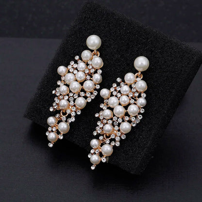Gold Bridal Drop Simulated Pearl Crystal Statement Earrings