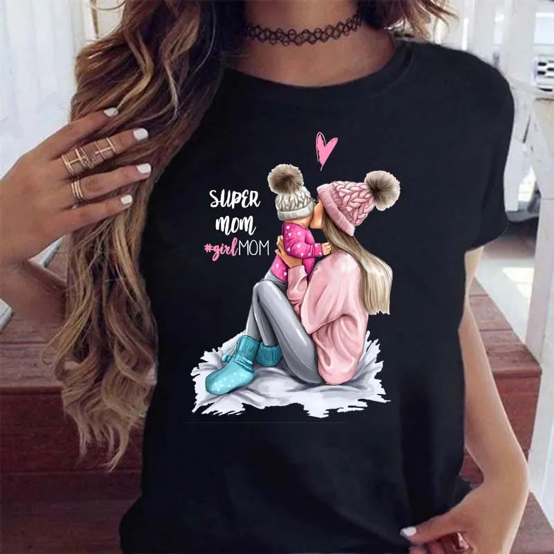 Cartoon Mom Mother Boy Girl Print Mother Lady T-shirts