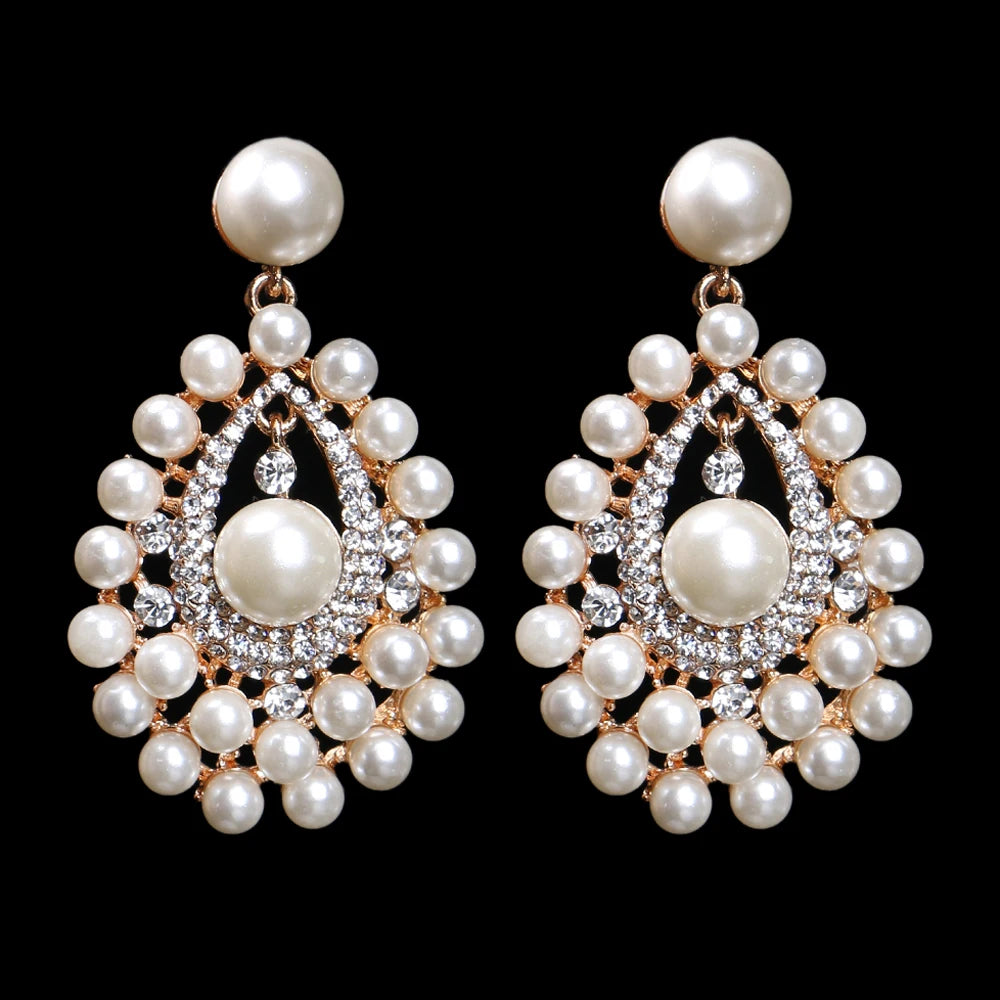 Gold Bridal Drop Simulated Pearl Crystal Statement Earrings