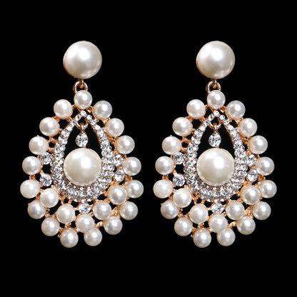Gold Bridal Drop Simulated Pearl Crystal Statement Earrings