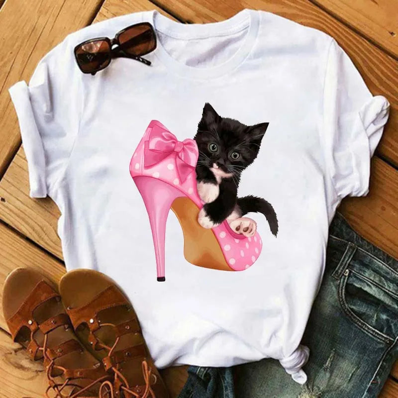 Maycaur Pink High Heels Flowers Bag Print T Shirt