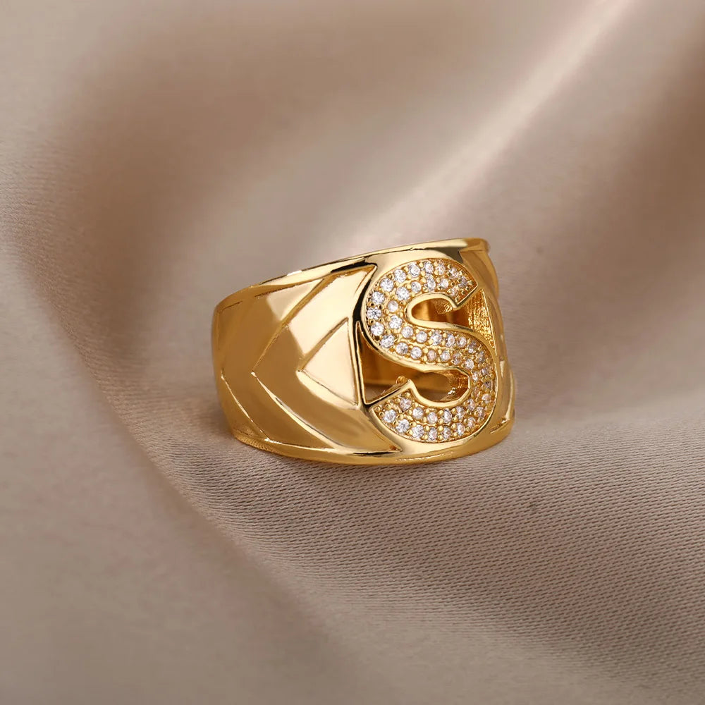 Chunky Wide Zircon Initial Letter Rings