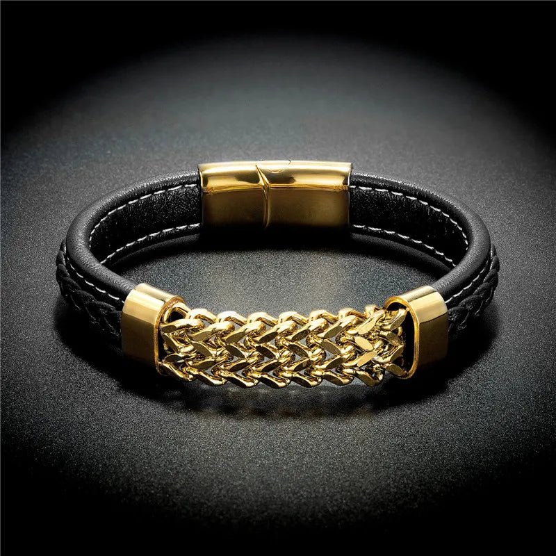Vintage Leather Gold Stainless Steel Chain Bracelets