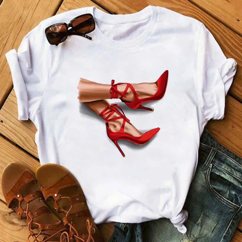 Maycaur Pink High Heels Flowers Bag Print T Shirt