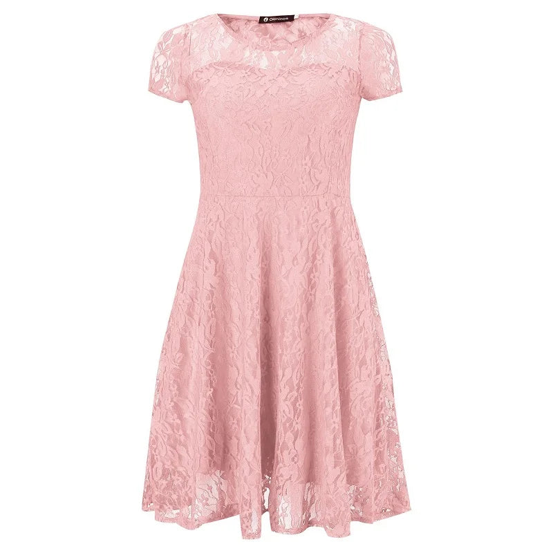 Sexy Floral Lace Round Neck Short Sleeve Vintage Slim Dress