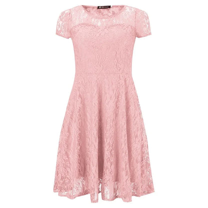 Sexy Floral Lace Round Neck Short Sleeve Vintage Slim Dress