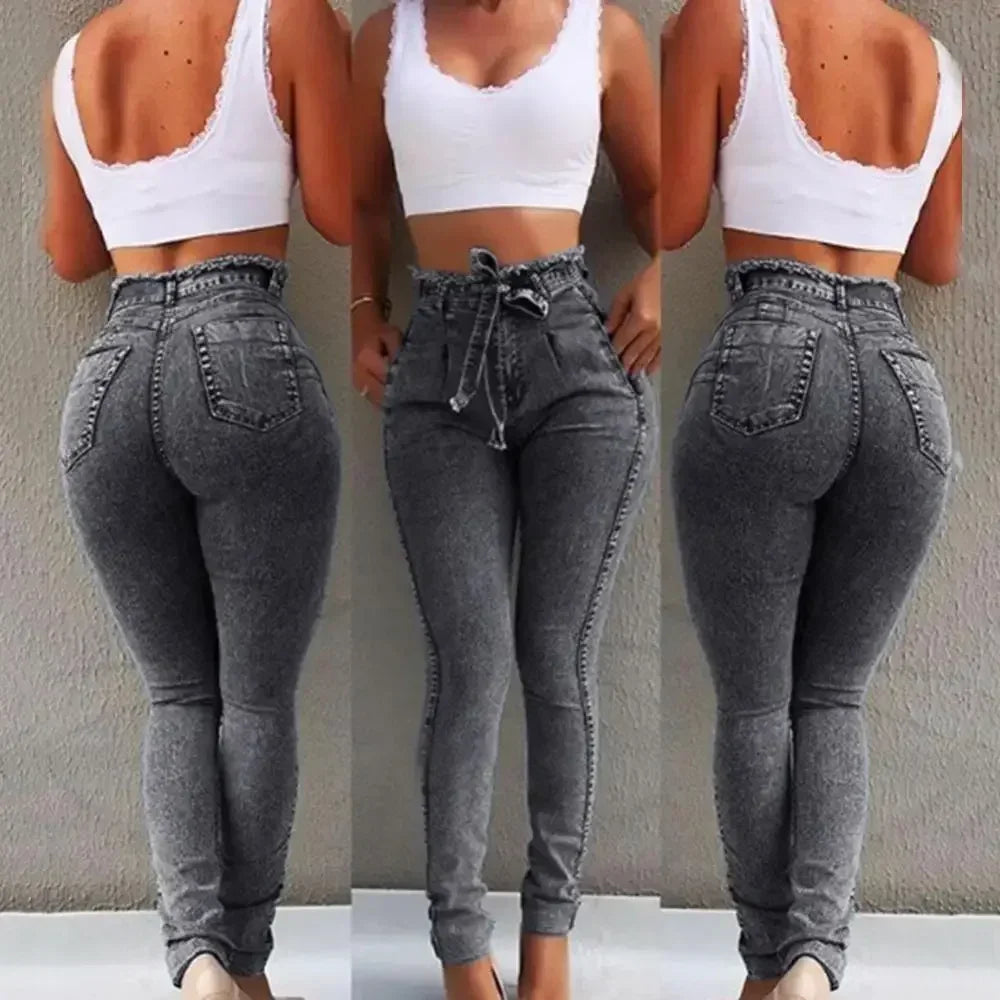 Belted High Waist Skinny Jeans Pants