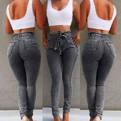 Belted High Waist Skinny Jeans Pants