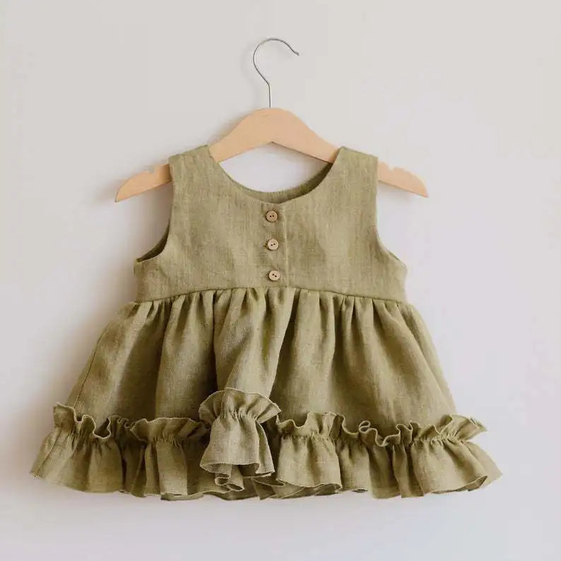 Cotton Linen Baby Girls Summer 3 Layers Cake Tutu Dress