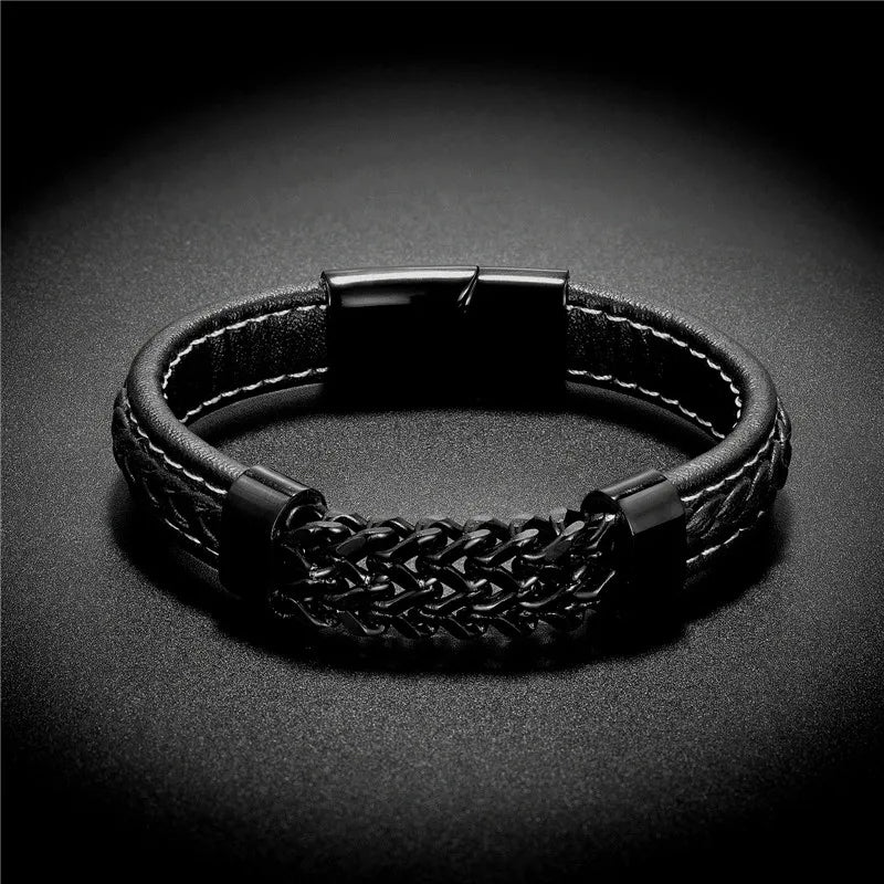 Vintage Leather Gold Stainless Steel Chain Bracelets