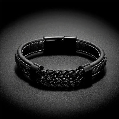 Vintage Leather Gold Stainless Steel Chain Bracelets