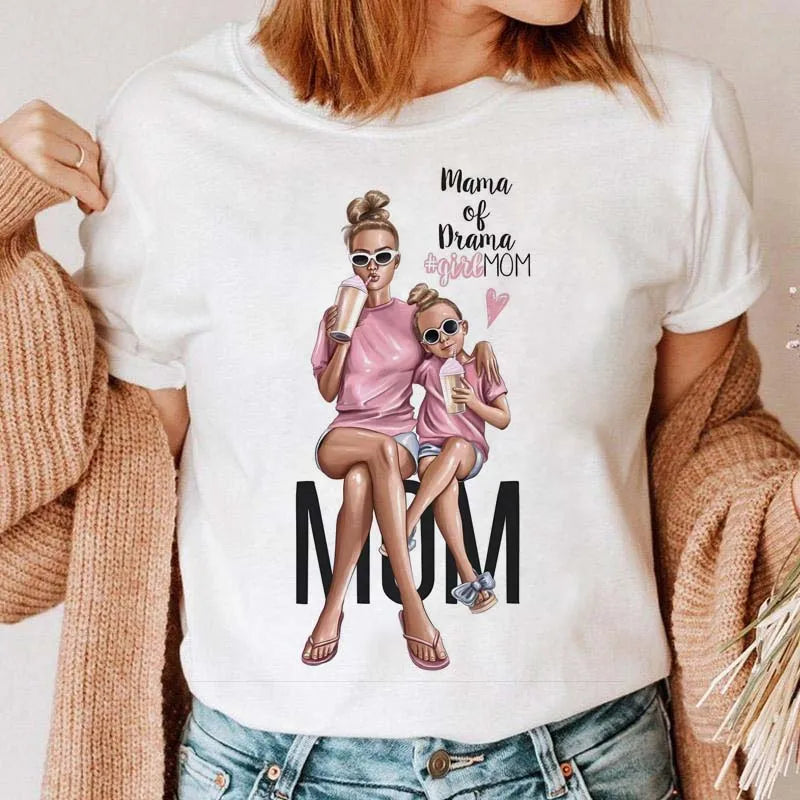 Cartoon Mom Mother Boy Girl Print Mother Lady T-shirts