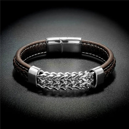 Vintage Leather Gold Stainless Steel Chain Bracelets