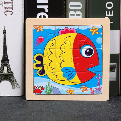 11X11CM Kids Wooden Puzzle Cartoon Animal Traffic Toys
