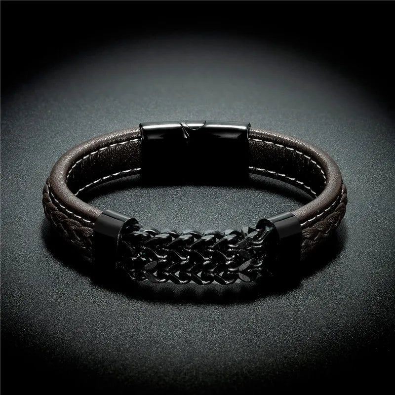 Vintage Leather Gold Stainless Steel Chain Bracelets