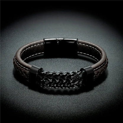 Vintage Leather Gold Stainless Steel Chain Bracelets