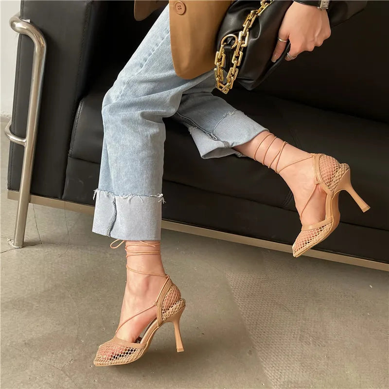 Mesh Square Toe Stiletto High Heels Pumps Ankle Lace-Up Elegant Shoes
