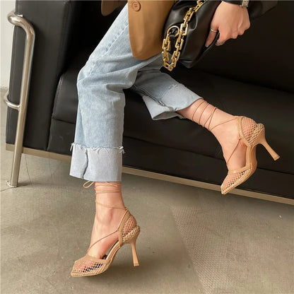 Mesh Square Toe Stiletto High Heels Pumps Ankle Lace-Up Elegant Shoes