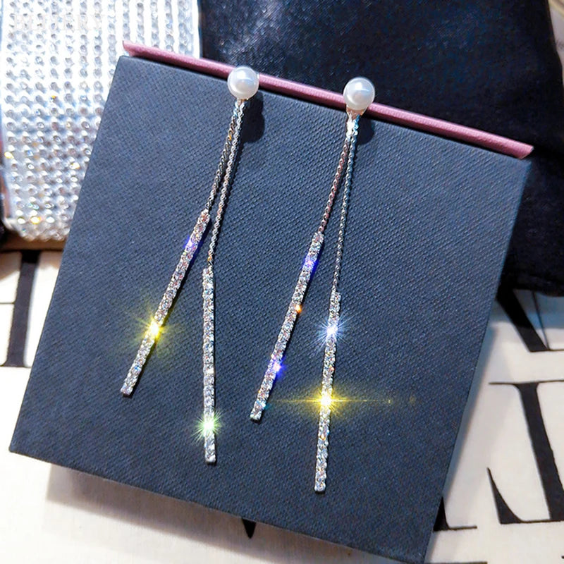 Gold Bridal Drop Simulated Pearl Crystal Statement Earrings