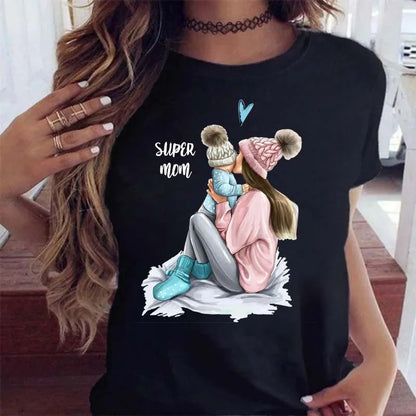 Cartoon Mom Mother Boy Girl Print Mother Lady T-shirts