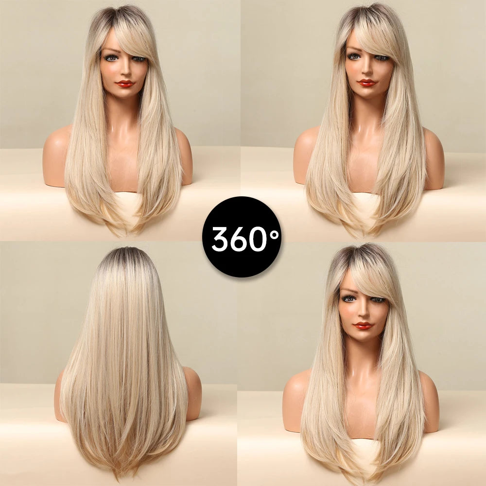 Brown Blonde Long Straight Synthetic Wigs