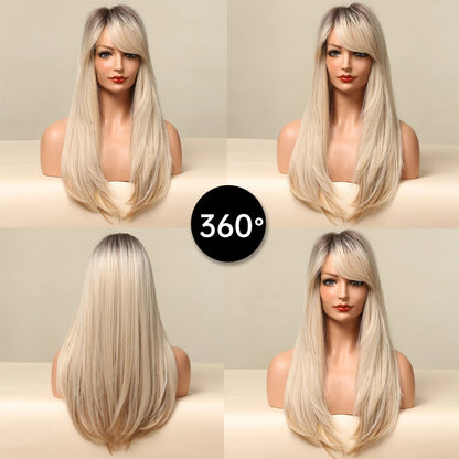 Brown Blonde Long Straight Synthetic Wigs