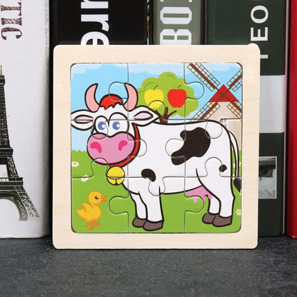 11X11CM Kids Wooden Puzzle Cartoon Animal Traffic Toys