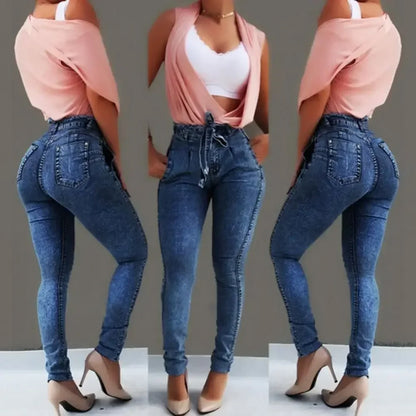 Belted High Waist Skinny Jeans Pants