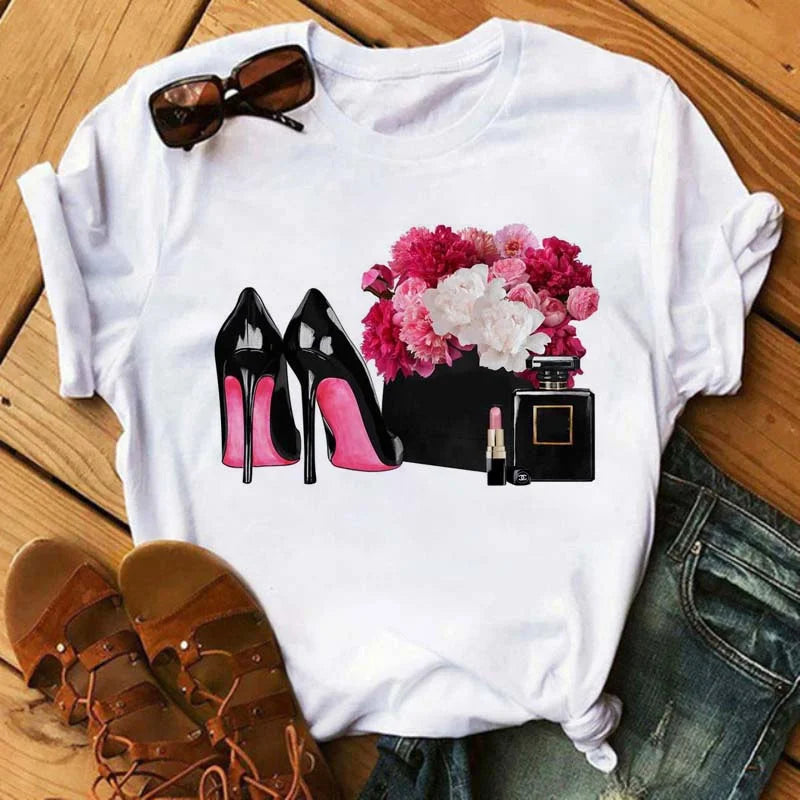 Maycaur Pink High Heels Flowers Bag Print T Shirt