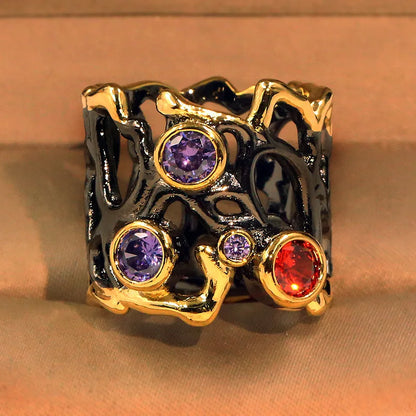 High quality Black gold-plated color stone hollow colorful separation ring