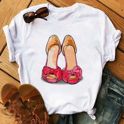 Maycaur Pink High Heels Flowers Bag Print T Shirt