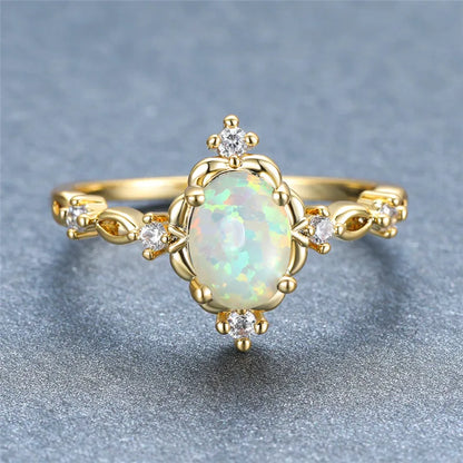 Charm Gold Silver White Opal Oval Stone Crystal Rings