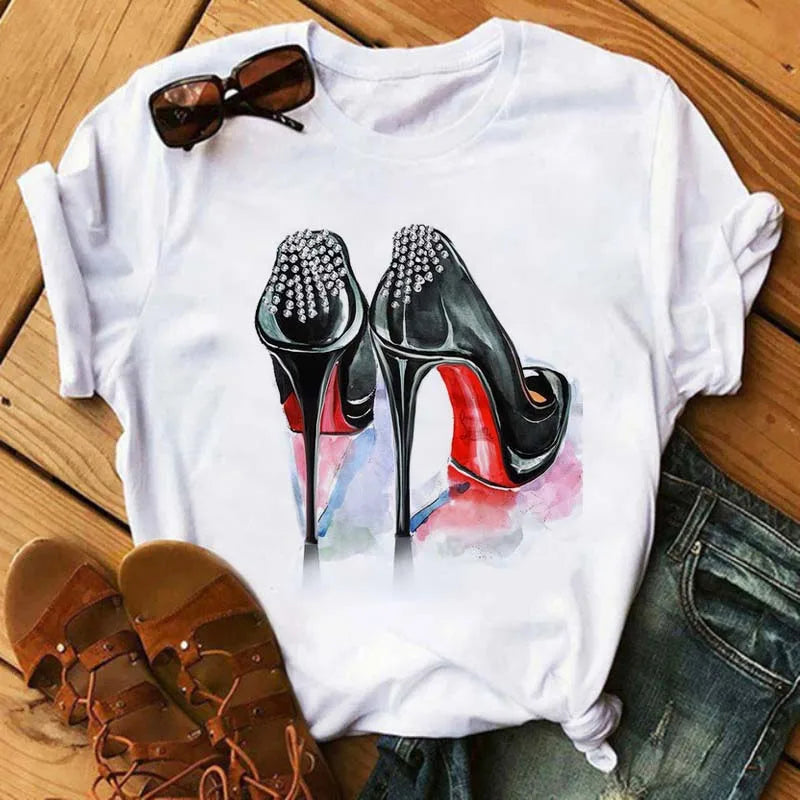 Maycaur Pink High Heels Flowers Bag Print T Shirt