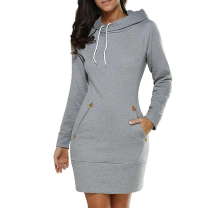 Knee-Length Pockets Warm Sweat Shirt Long Sleeve Dress