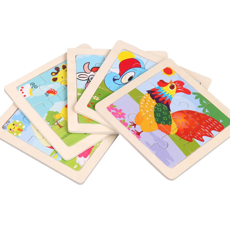 11X11CM Kids Wooden Puzzle Cartoon Animal Traffic Toys