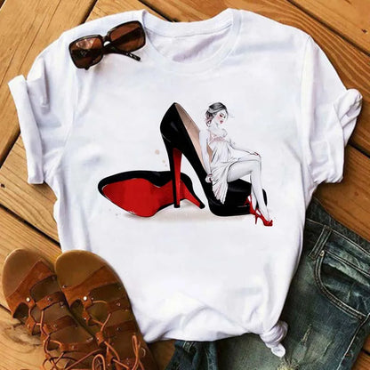 Maycaur Pink High Heels Flowers Bag Print T Shirt